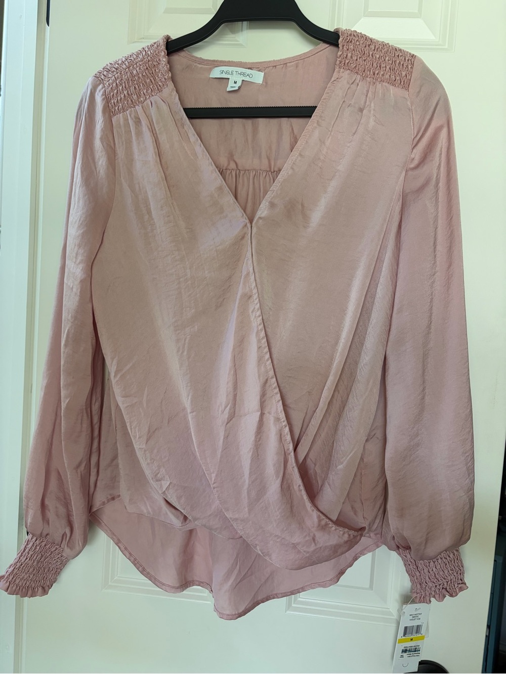 Blush Pink Wrap Blouse with Smocked Shoulders